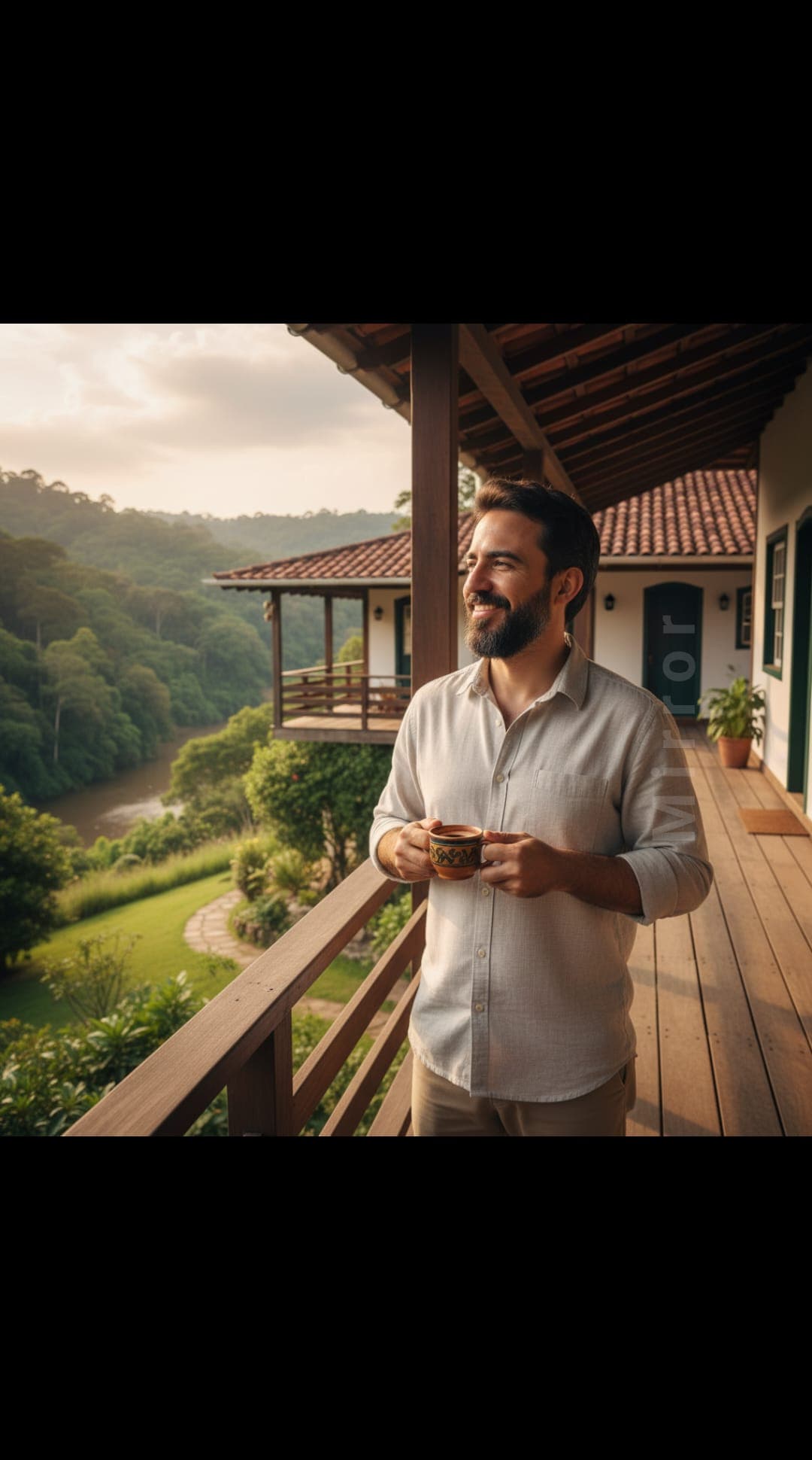 AI-generated mirror showing lifestyle balance — a person enjoying a peaceful morning routine